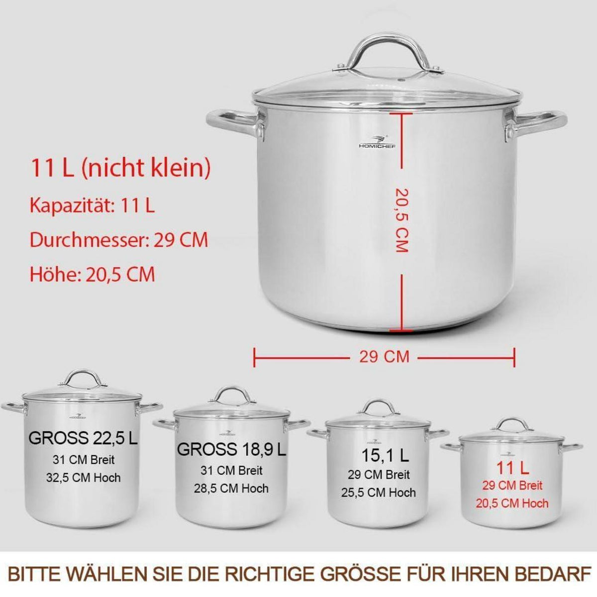 Großer Edelstahl-Suppentopf 11 Liter mit Deckel