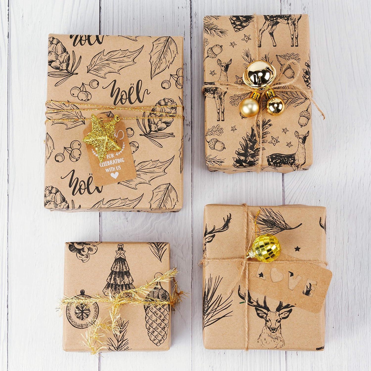 Weihnachtspapier Braun Kraftpapier Schwarze Weihnachtsmotive 4 Rollen