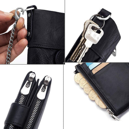Herren Geldbörse Leder RFID Kette Münzfach 16 Kartenfächer Schwarz