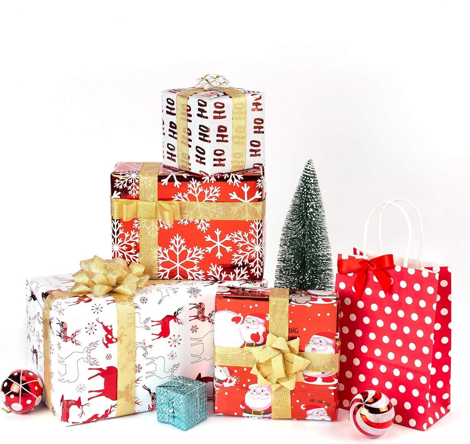 4er Pack Weihnachtspapierrolle Rot-Weiß Metallic Glanz - Christmas Elements