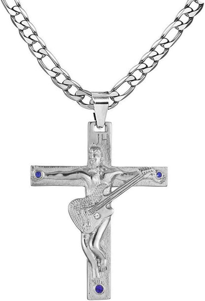 Johnny Hallyday Kreuz Anhänger Halskette Gitarre Rocker Silber