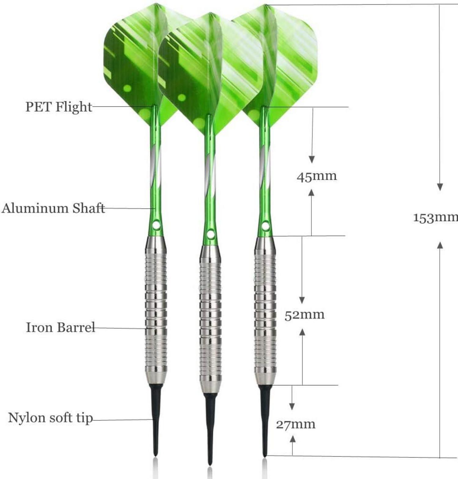 Softdart Pfeile 18g Kunststoffspitze in Grün Blau Rot Schwarz mit Tasche