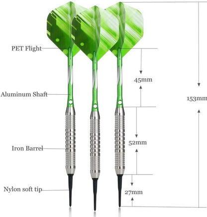 Softdart Pfeile 18g Kunststoffspitze in Grün Blau Rot Schwarz mit Tasche