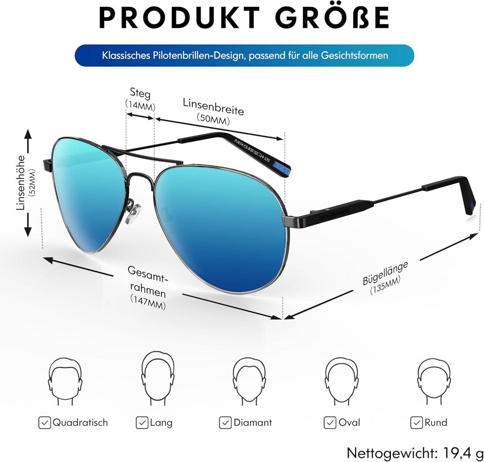 Polarisierte Pilotenbrille Herren Damen Retro Sonnenbrille UV400 Blau