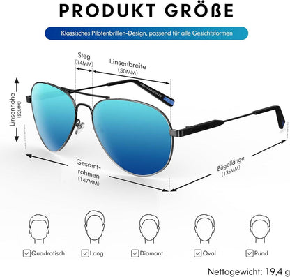 Polarisierte Pilotenbrille Herren Damen Retro Sonnenbrille UV400 Blau