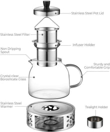 Teekanne mit Stövchen 1000mL Edelstahl Glas Teewärmer