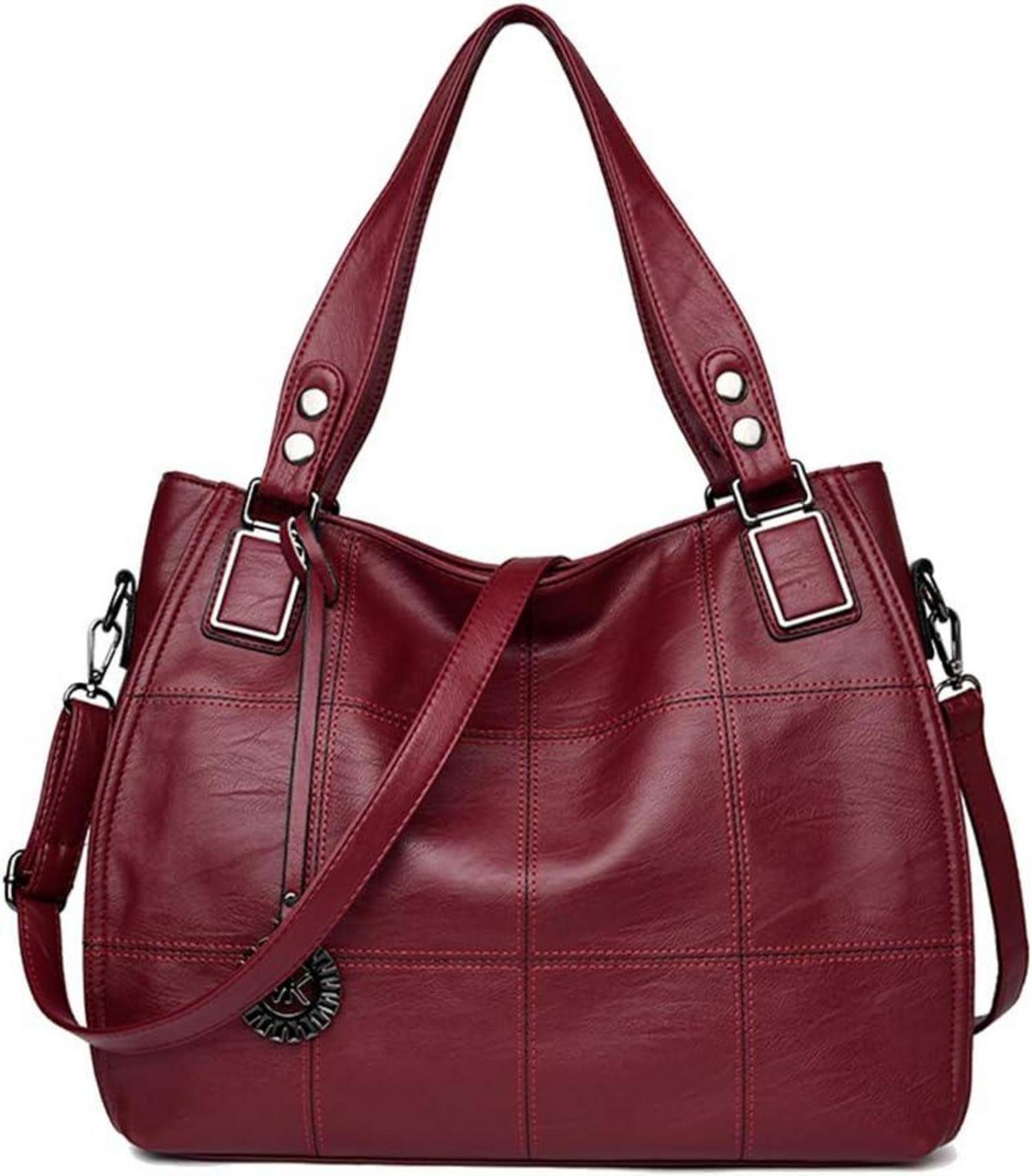 Damen Hobo Schultertasche aus PU-Leder Stickerei Weinrot