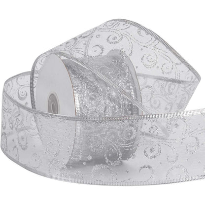Silbernes Weihnachtsband mit Glitzer - 63 mm x 22 m