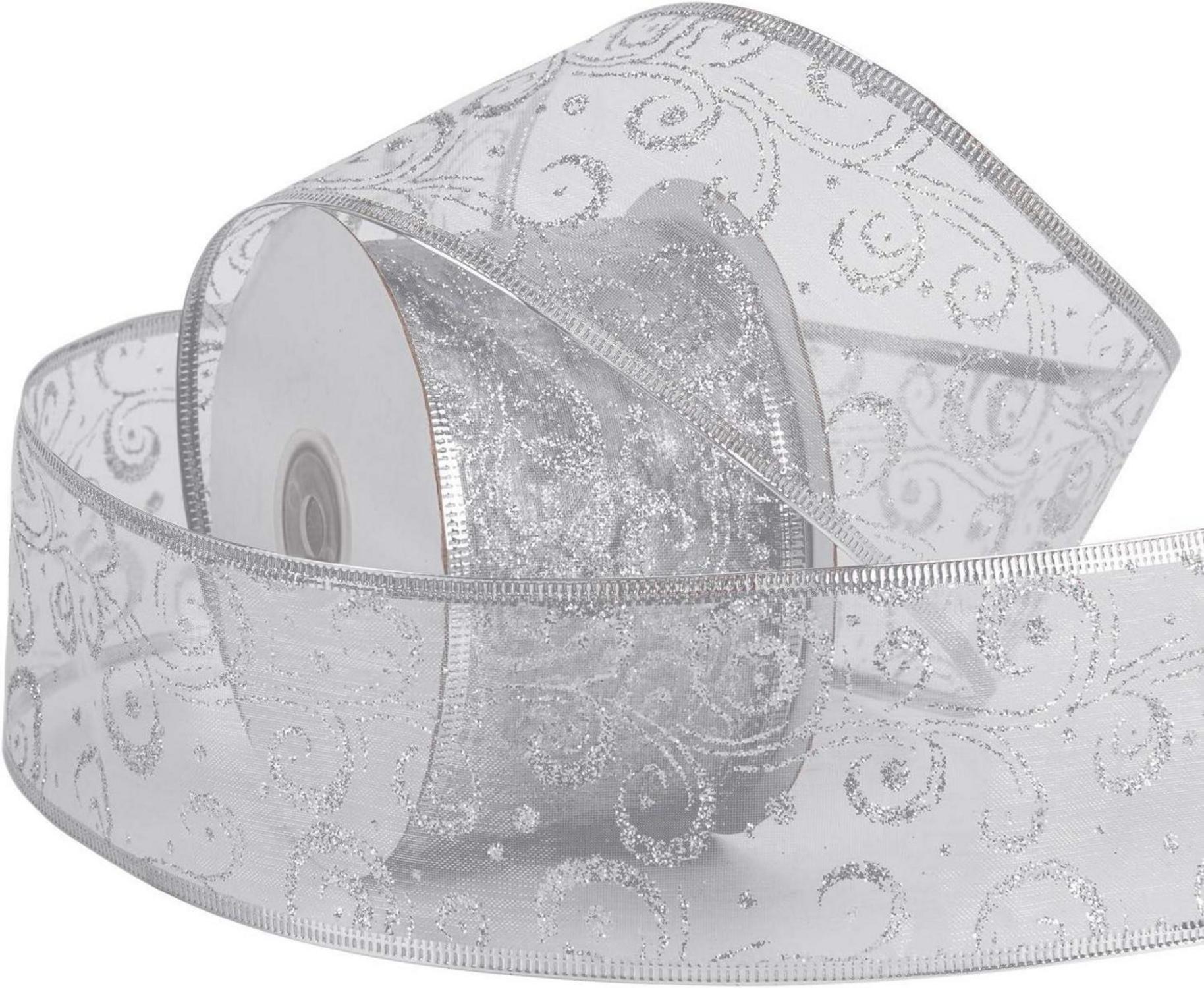 Silbernes Weihnachtsband mit Glitzer - 63 mm x 22 m - Kabelgebundenes