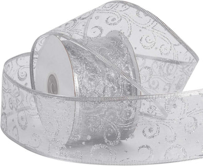 Silbernes Weihnachtsband mit Glitzer - 63 mm x 22 m - Kabelgebundenes