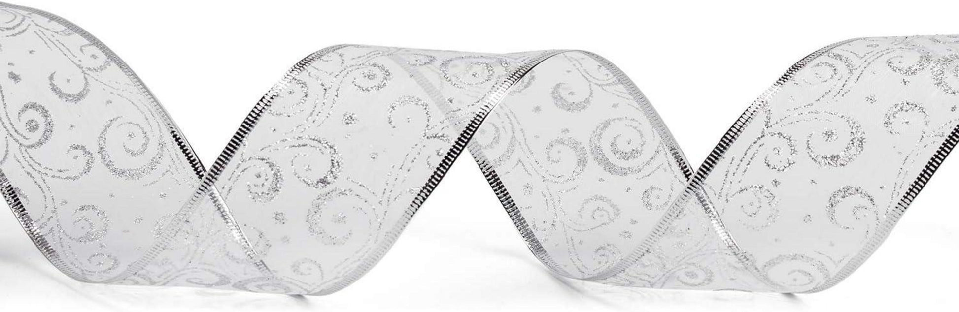 Silbernes Weihnachtsband mit Glitzer - 63 mm x 22 m - Kabelgebundenes