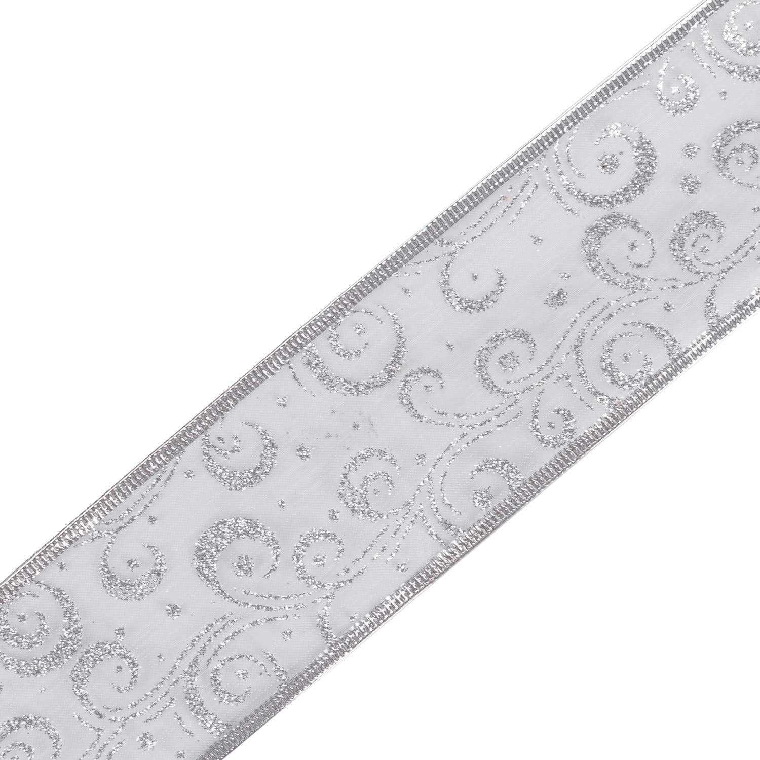 Wired Christmas Holiday Band Silver Glitter 63mm x 22m - Silver Wired Edge