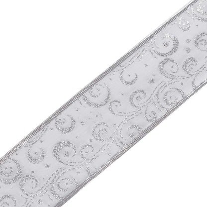 Wired Christmas Holiday Band Silver Glitter 63mm x 22m - Silver Wired Edge