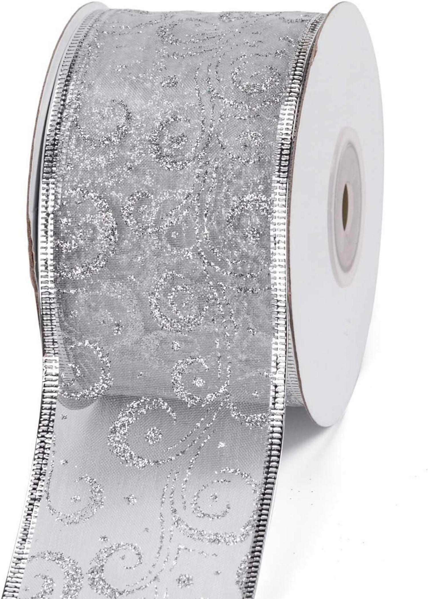Weihnachtsband Silber Glitzer Drahtkante 63mm x 22m - Deko Bastelband