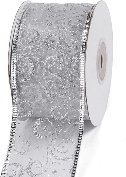 Weihnachtsband Silber Glitzer Drahtkante 63mm x 22m - Deko Bastelband