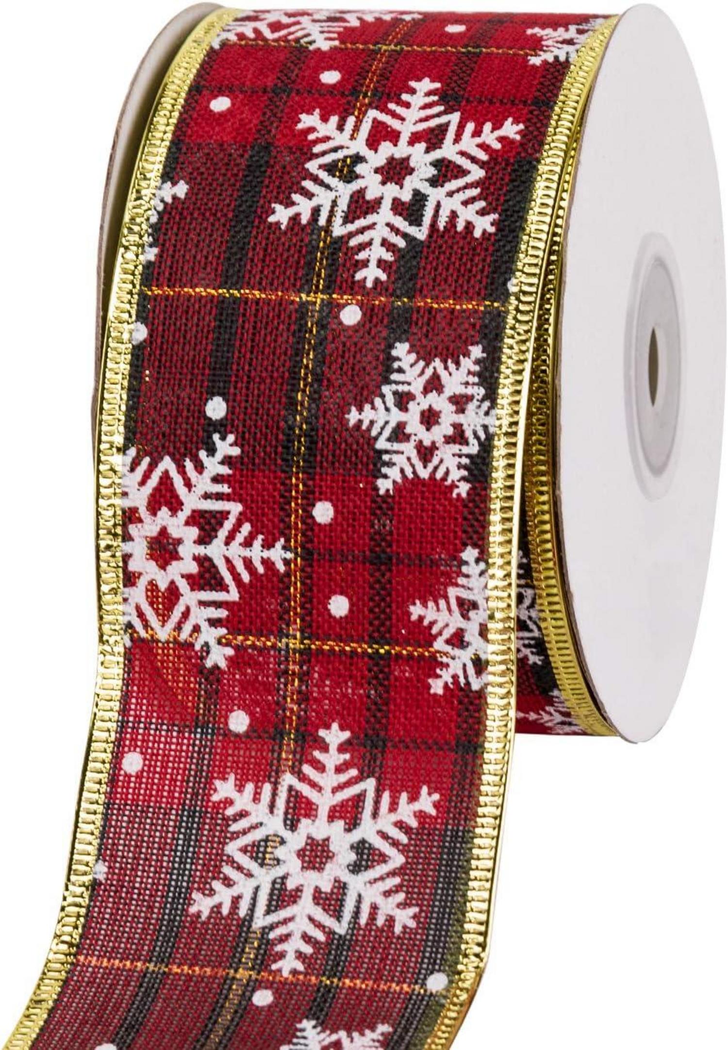 Weihnachtsband kariert rot grün Schneeflockendesign 63mm 22m