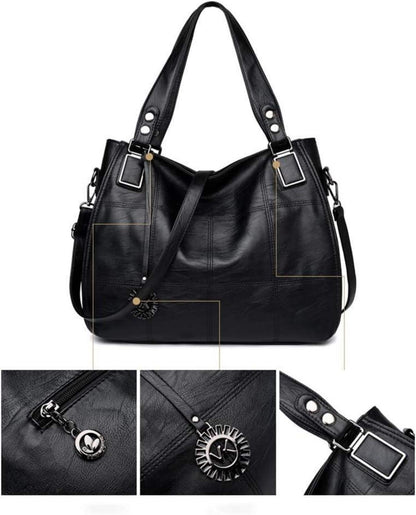 Damen Handtasche Kris Anna Schwarz Hochwertige PU-Leder Stickerei Henkeltasche