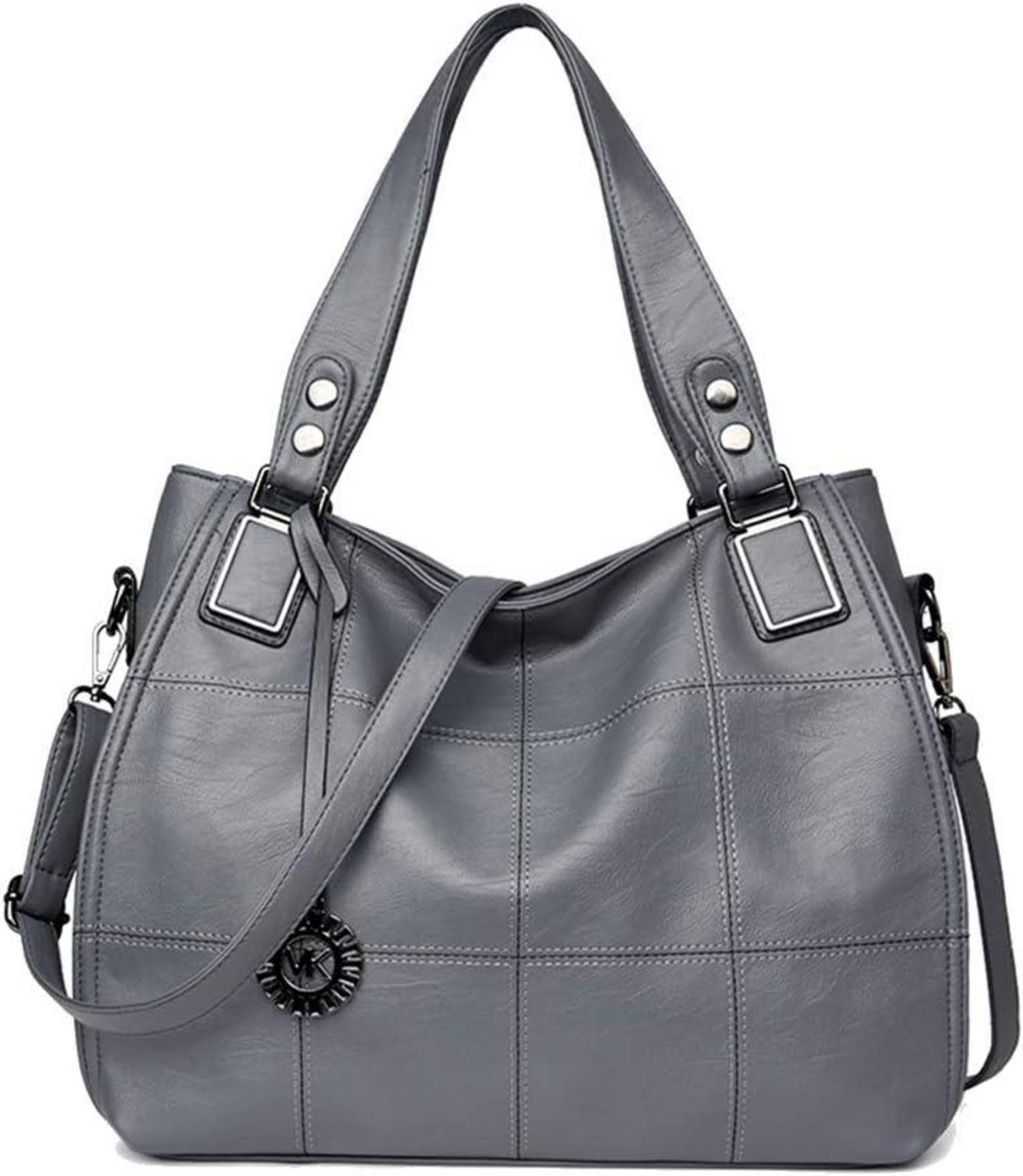 Damen Schultertasche Hobo Shopper PU-Leder Stickerei Grau EINWEG