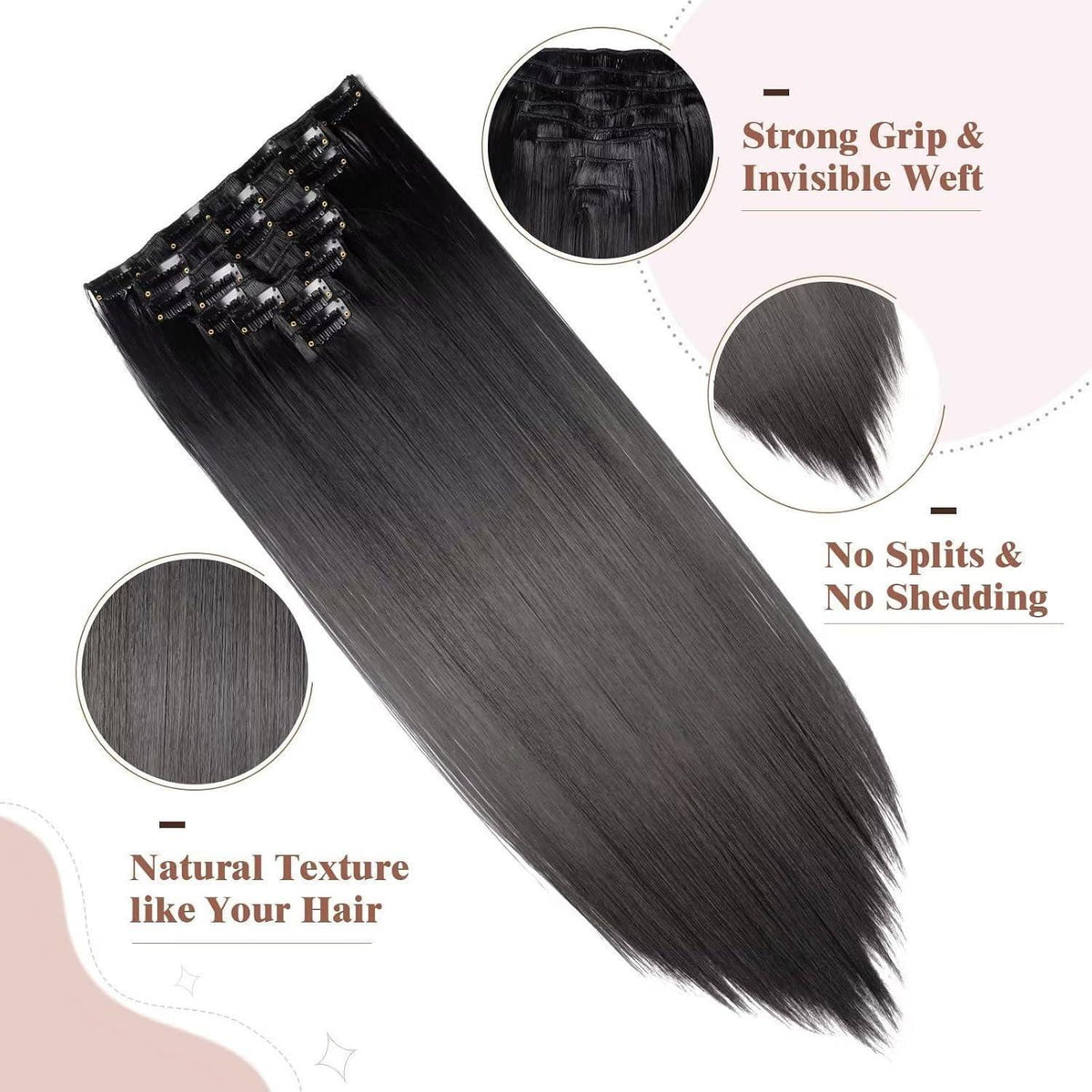 Clip in Haarverlängerung Schwarz 66cm - 8 Tressen, 18 Clips
