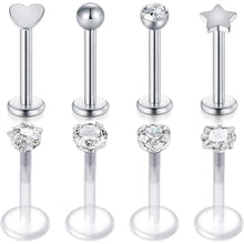 6er Set Labret Piercing 16G Acryl & Chirurgenstahl, klar/silber