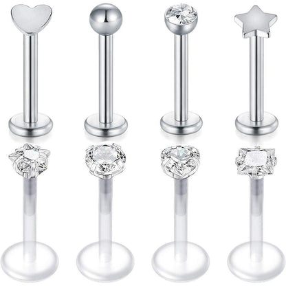 6er Set Labret Piercing 16G Acryl & Chirurgenstahl, klar/silber