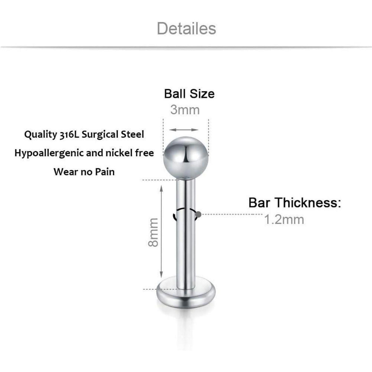 6er Set Labret Piercing 16G Acryl & Chirurgenstahl, klar/silber