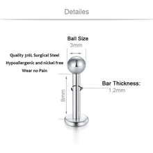 6er Set Labret Piercing 16G Acryl & Chirurgenstahl, klar/silber