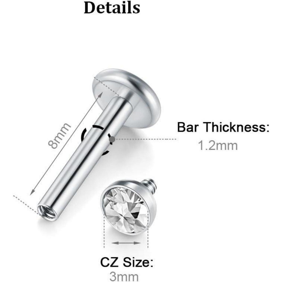 6er Set Labret Piercing 16G Acryl & Chirurgenstahl, klar/silber