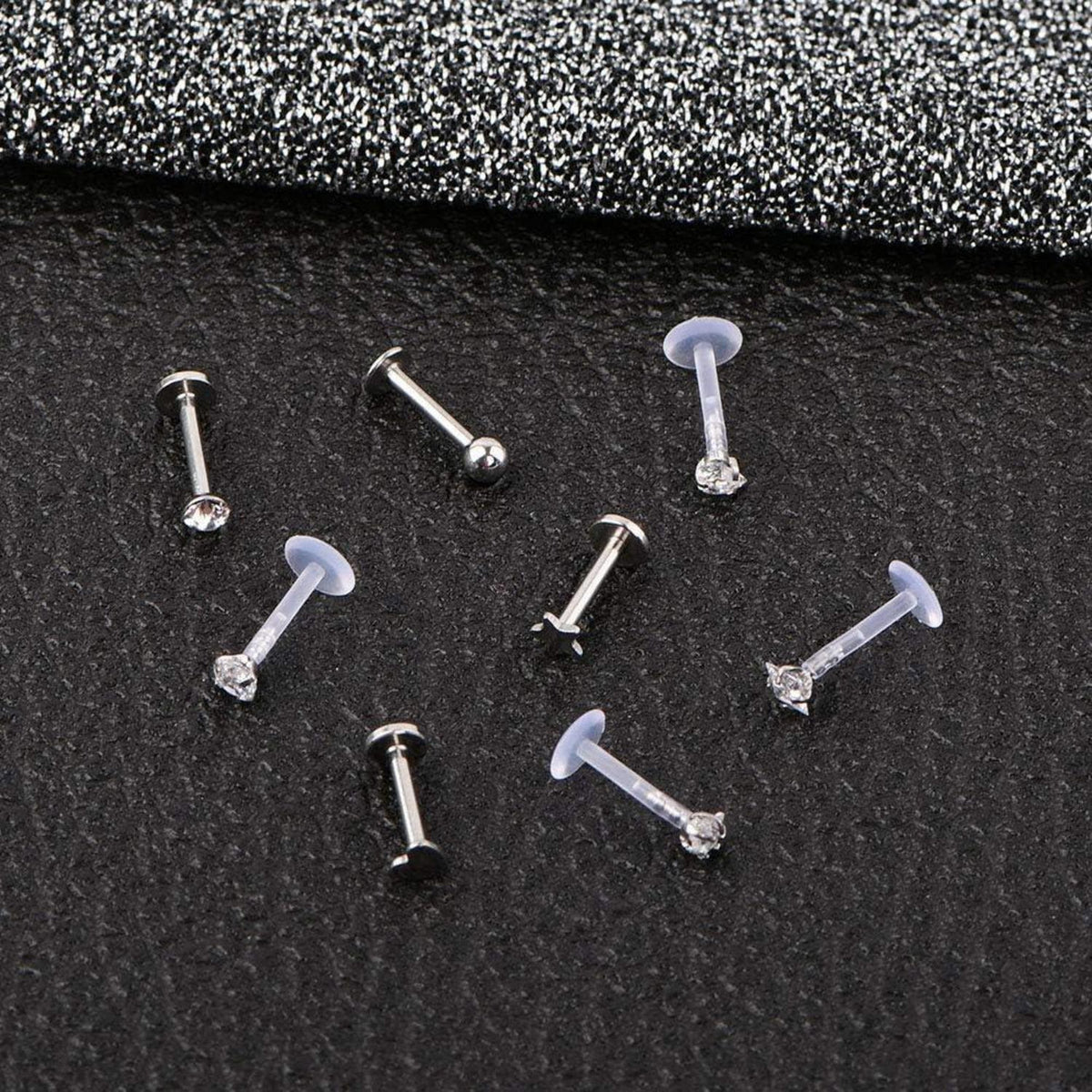 6er Set Labret Piercing 16G Acryl & Chirurgenstahl, klar/silber
