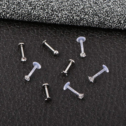 6er Set Labret Piercing 16G Acryl & Chirurgenstahl, klar/silber