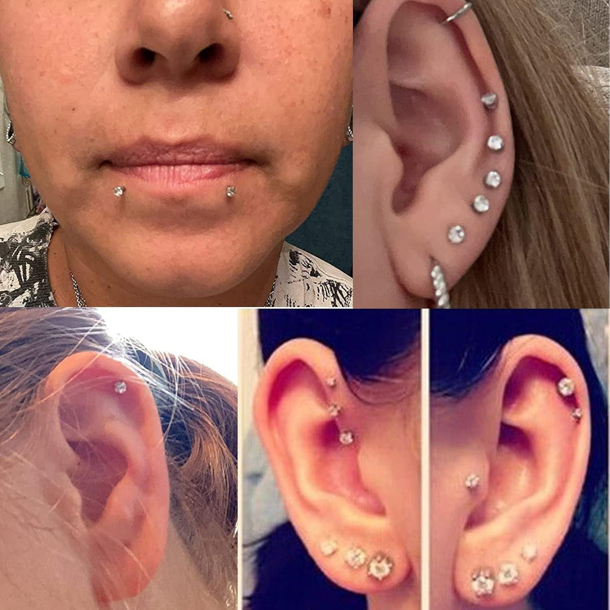6er Set Labret Piercing 16G Acryl & Chirurgenstahl, klar/silber