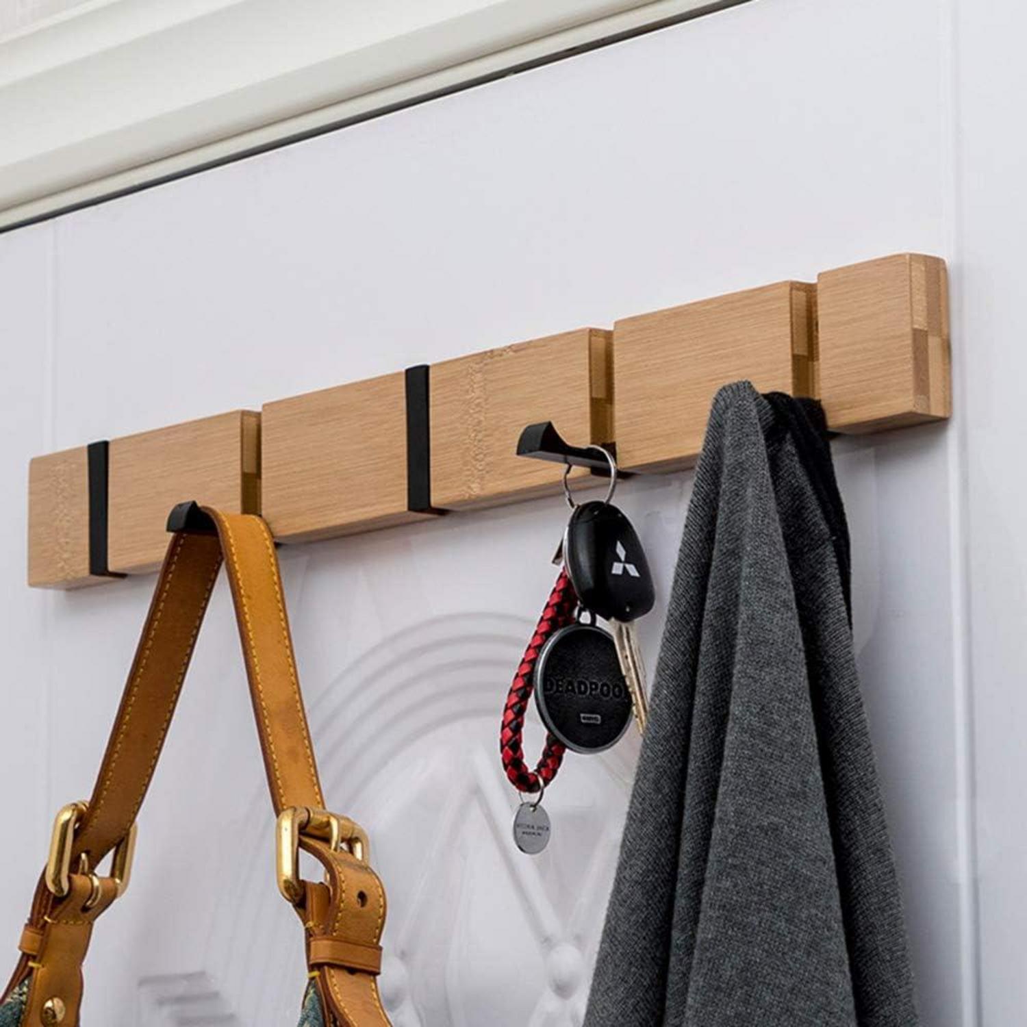 Klappbare Wandgarderobe Holz 5 Haken Jacken Mäntel Natur