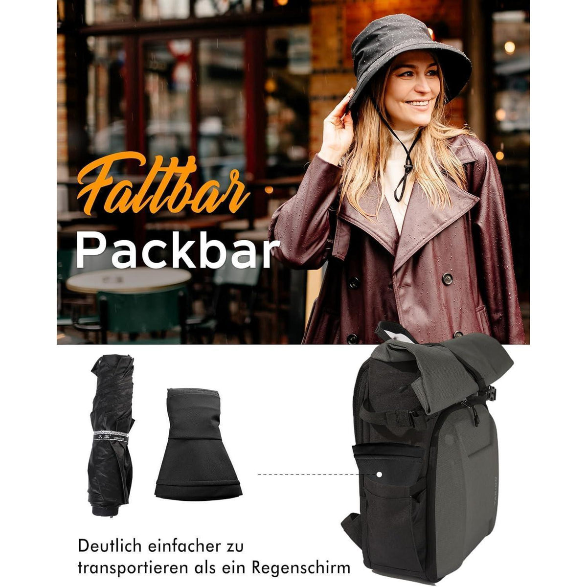 Faltbarer Regenhut Damen wasserdicht mit Kinnband & UPF50+