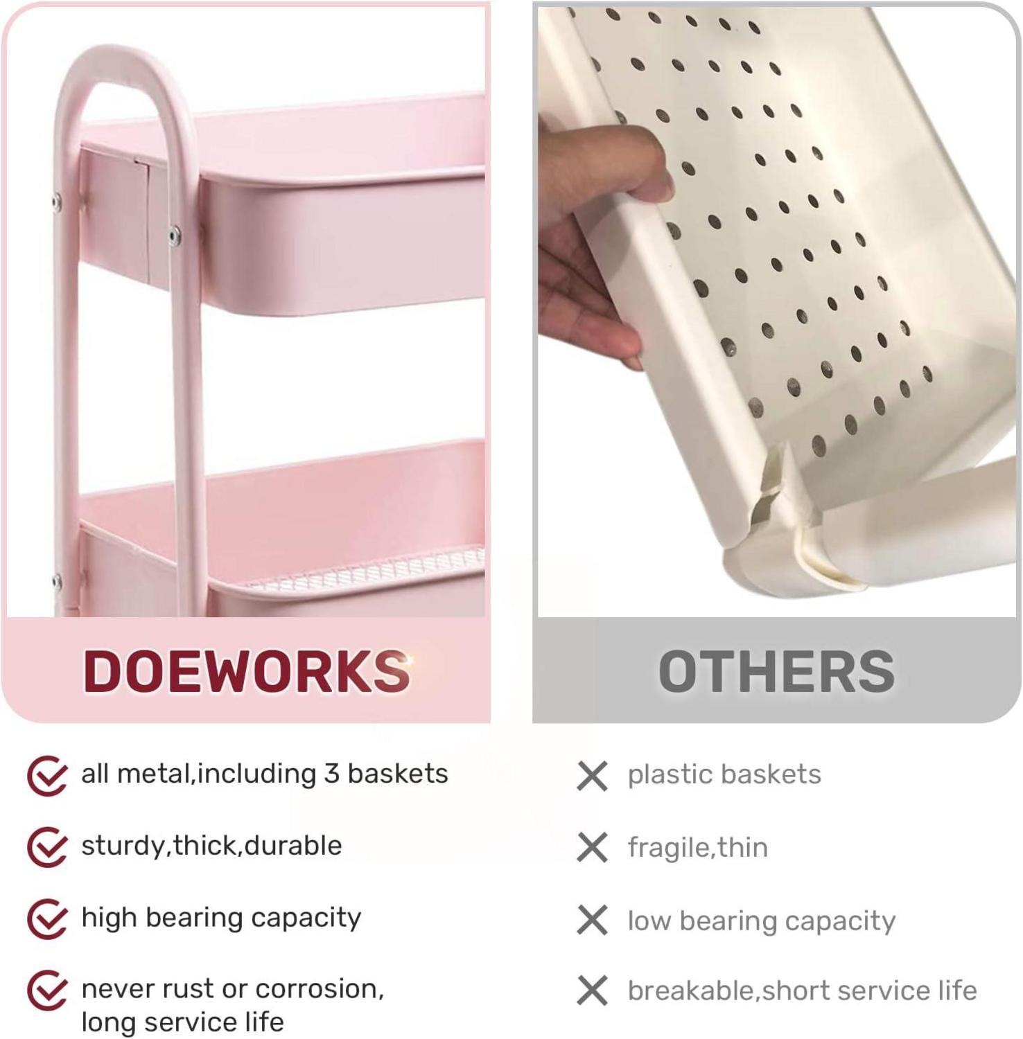 DOEWORKS Rollwagen Metall 3-Etagen, Servierwagen Rosa
