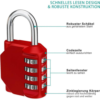 Zahlenschloss Spind Vorhängeschloss 4-stellig Wetterfest Rot