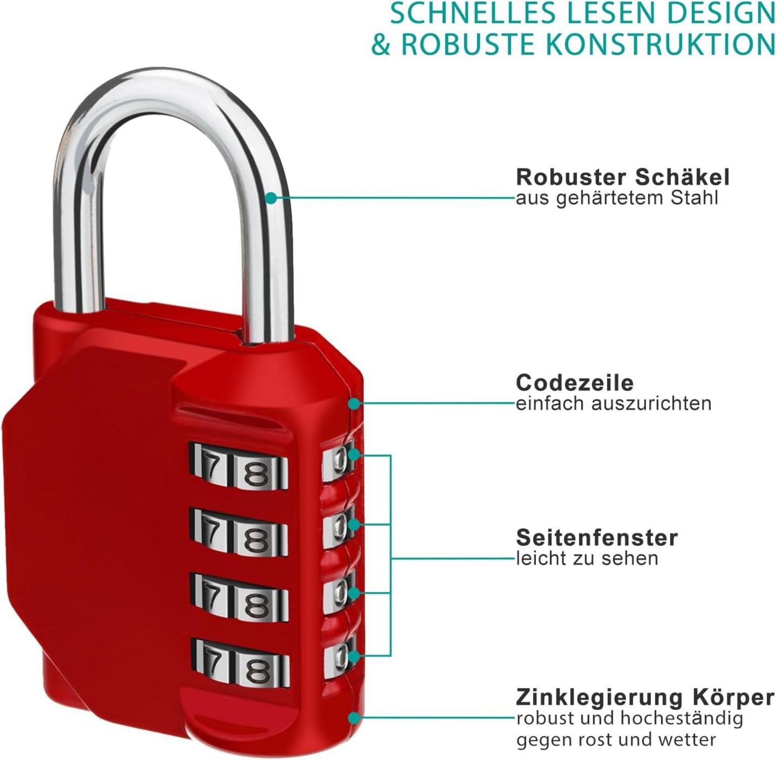 Zahlenschloss 4-stellig für Fitnessstudio & Schule, Wetterfest_rot