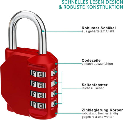 Zahlenschloss 4-stellig für Fitnessstudio & Schule, Wetterfest_rot