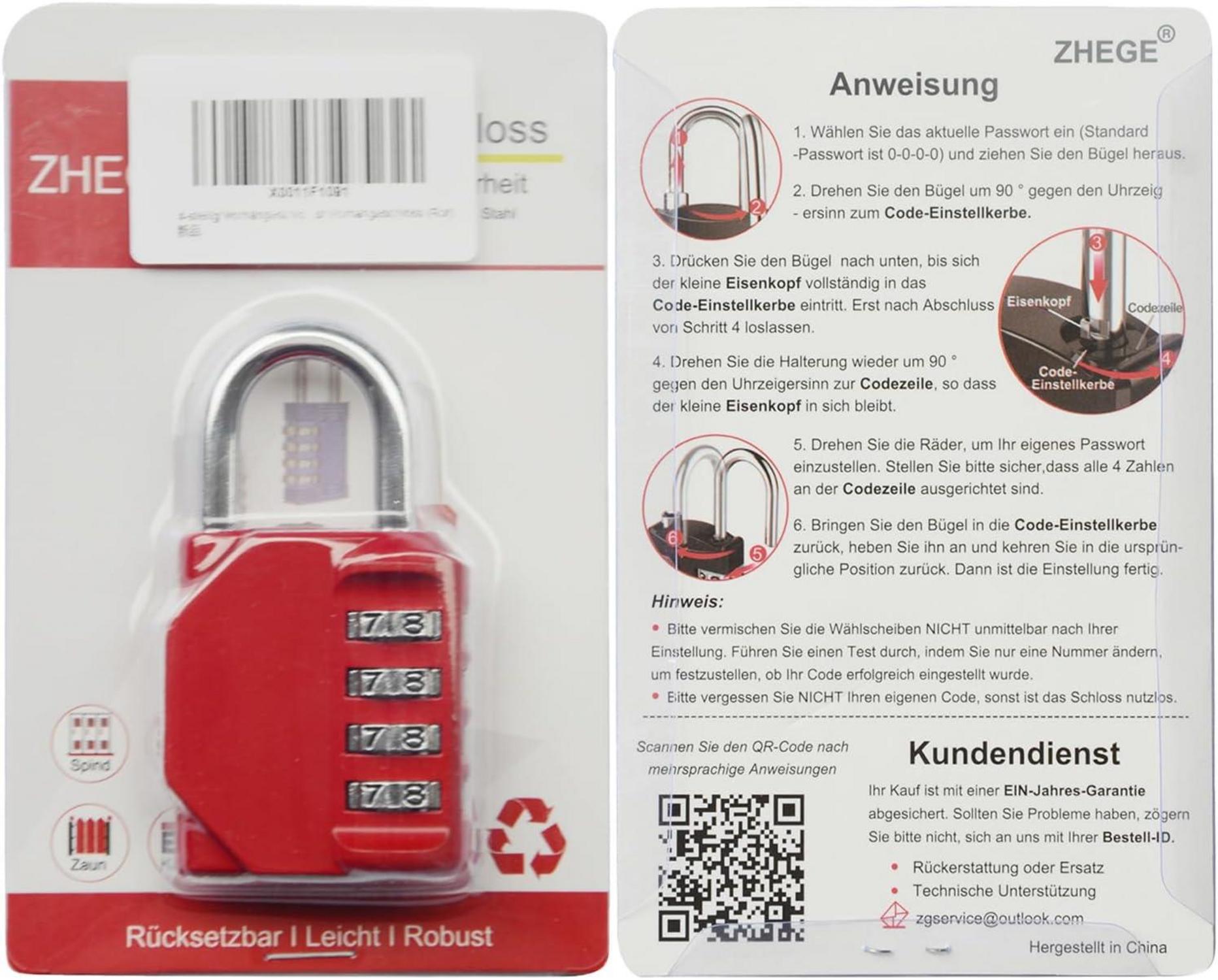ZHEGE Zahlenschloss 4-stellig, Vorhängeschloss für Fitnessstudio, Schulspind, Werkzeugkisten, Wetterfest