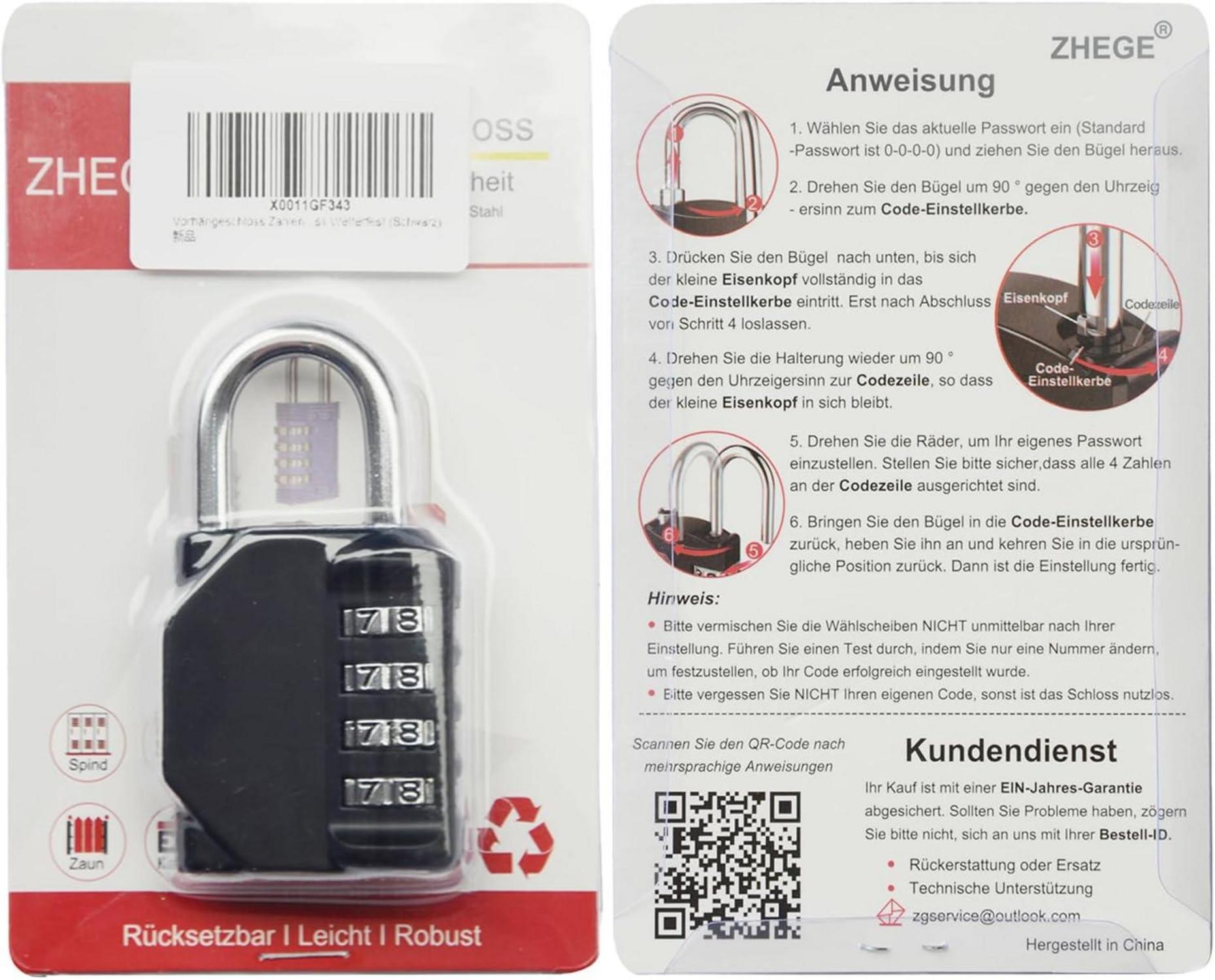 ZHEGE Vorhängeschloss Zahlenschloss Spind 4 Stellig Wetterfest für Schrank Tür 1 Stück Schwarz