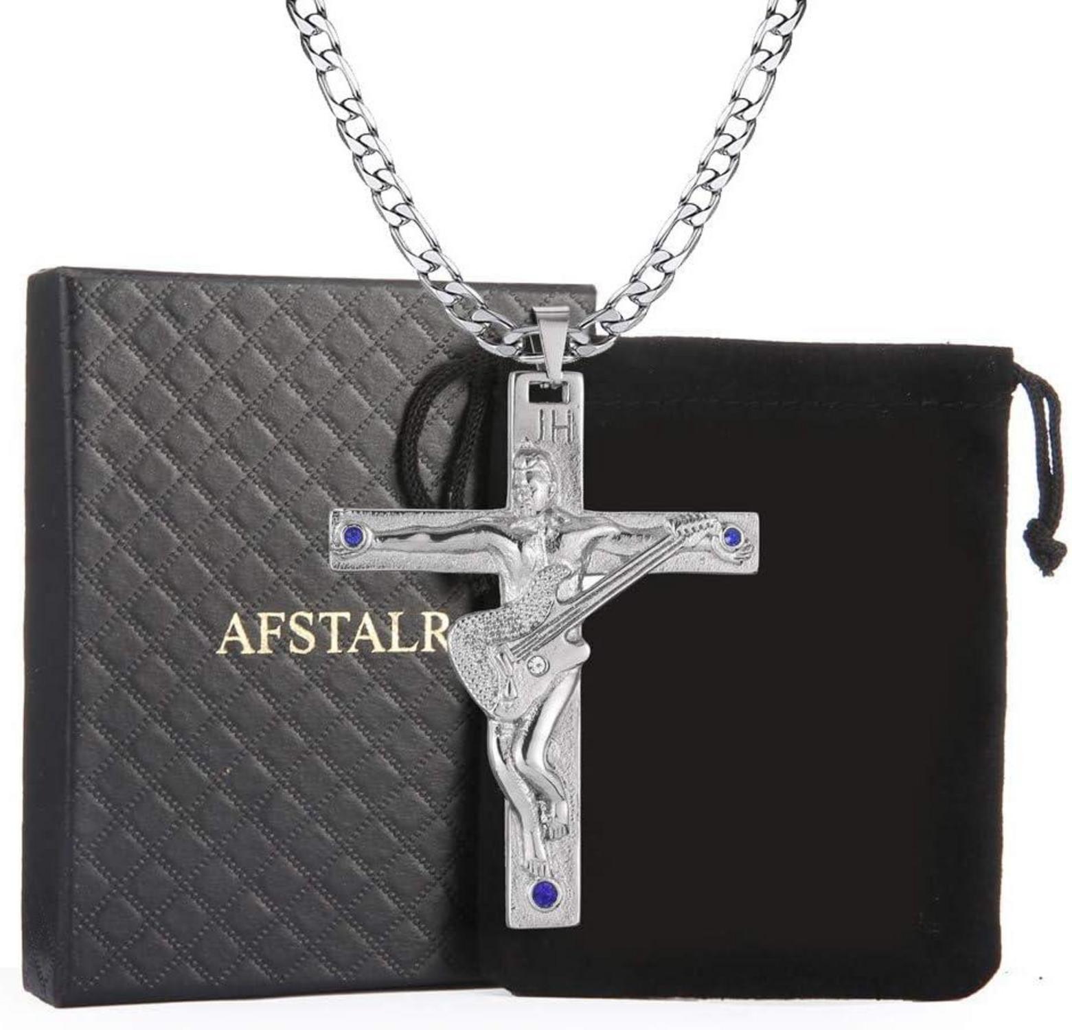 Johnny Hallyday Kreuz Anhänger Gitarrenkette Silber 60cm Herren Damen