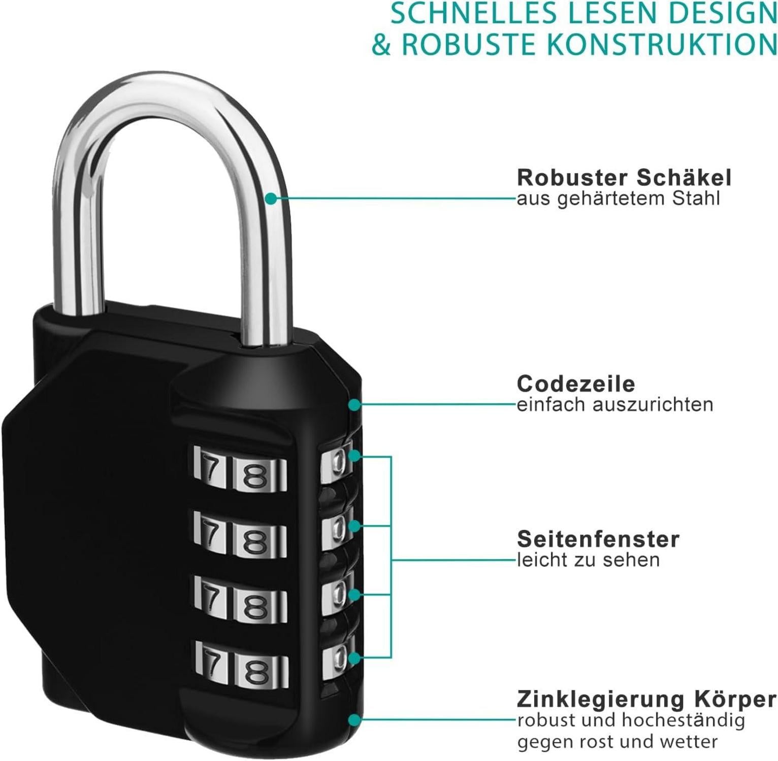 Zahlenschloss Vorhängeschloss 4 Stellig Schwarz 2 Stücke