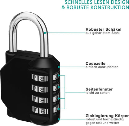 Zahlenschloss Vorhängeschloss 4 Stellig Schwarz 2 Stücke