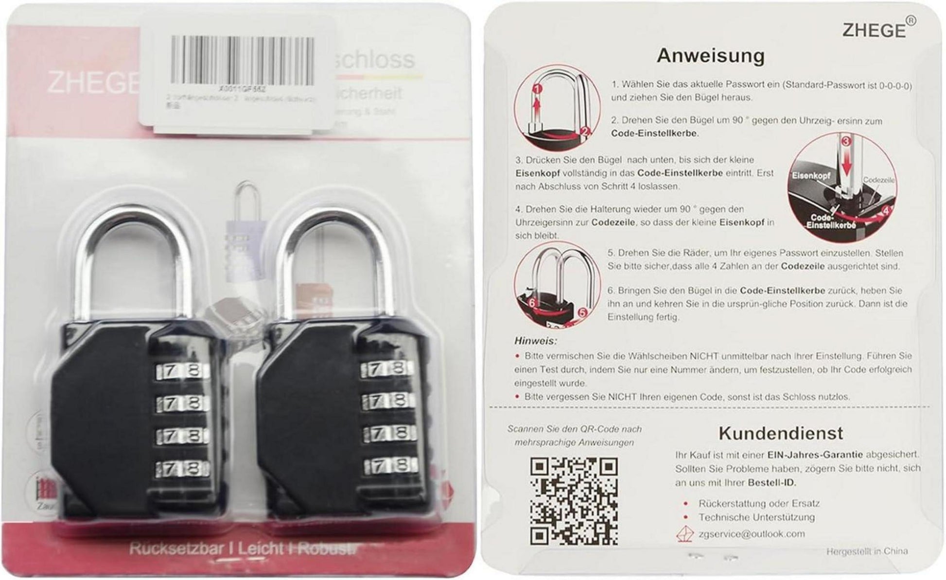 ZHEGE Zahlenschloss Vorhängeschloss 4-Stellig Schwarz Wetterschutz 2 Stücke