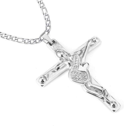 Johnny Hallyday Kreuz Anhänger Halskette Gitarre Rocker Silber Damen Herren