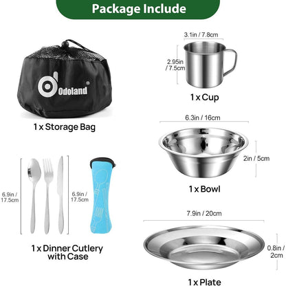Odoland Campingbesteck Set 8-teilig Edelstahl mit Tasche
