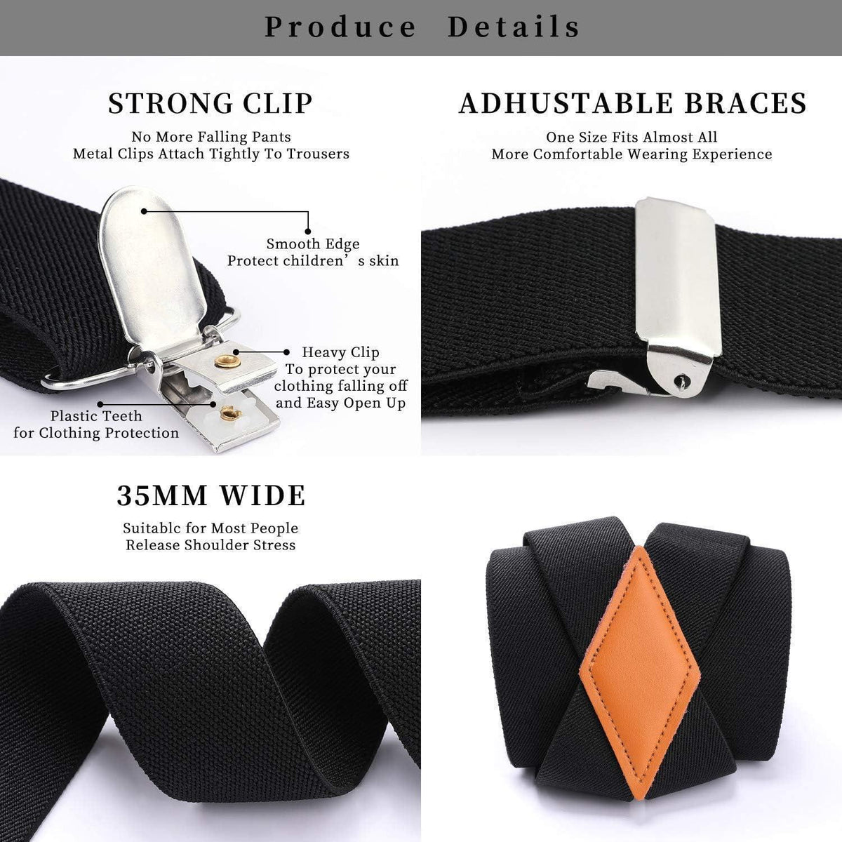 Herren Hosenträger X-Form 3,5cm mit 4 starken Metallclips, verstellbar