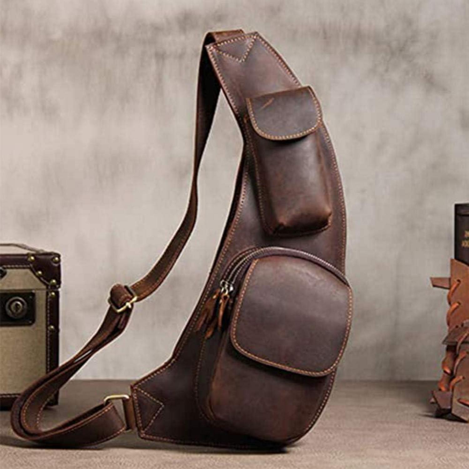 Leathario Herren Brusttasche Canvas Crossbag Sling Rucksack Braun