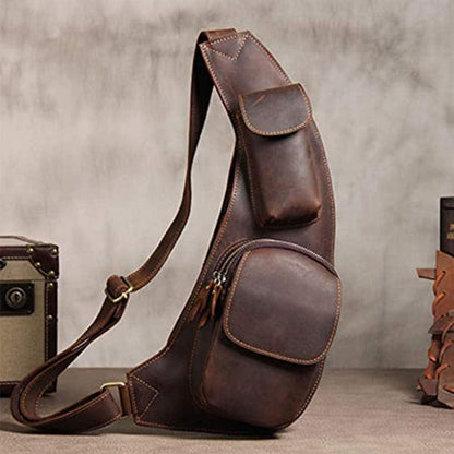 Leathario Herren Brusttasche Canvas Crossbag Sling Rucksack Braun