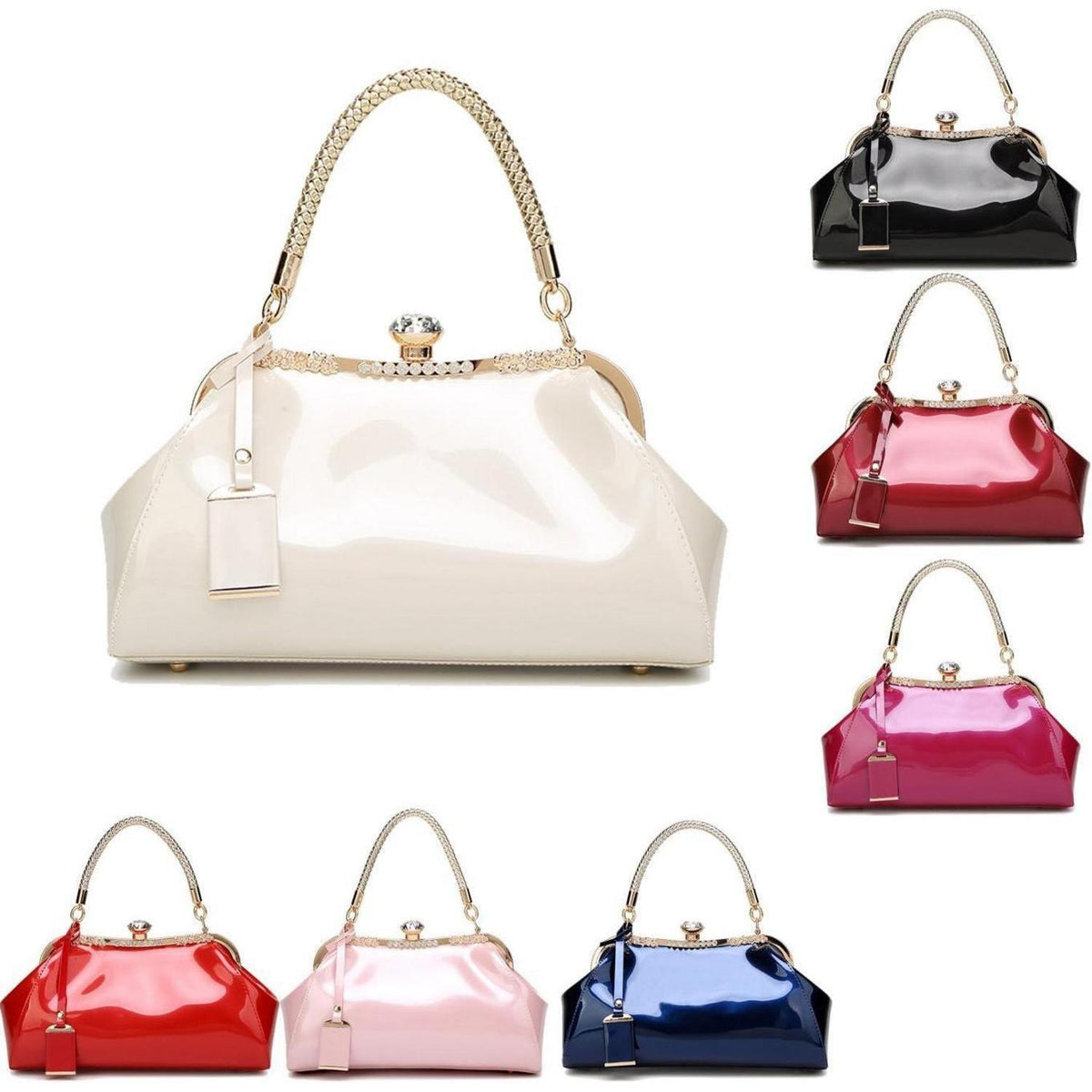 Cremeweiße Henkeltasche mit Strass-Ornament in Lederoptik
