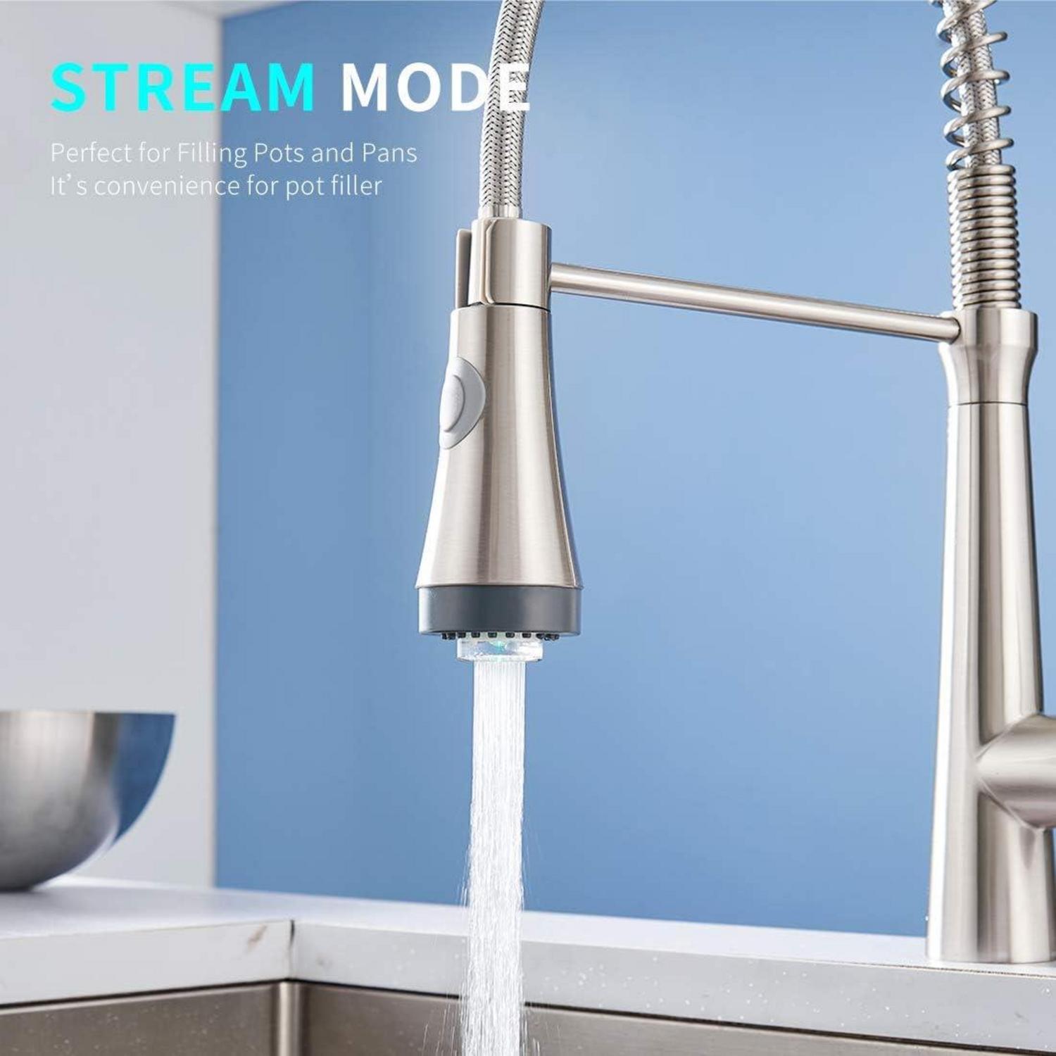 LED Wasserhahn Küchen mit Spiralfeder 360° schwenkbar Hochdruck Nickel